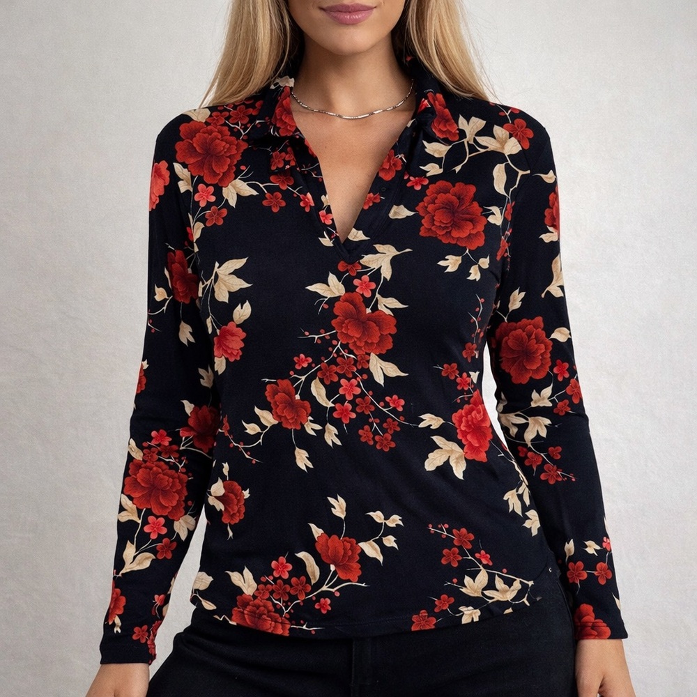 Floral V-Neck Long Sleeve Blouse in Black with Red Flowers